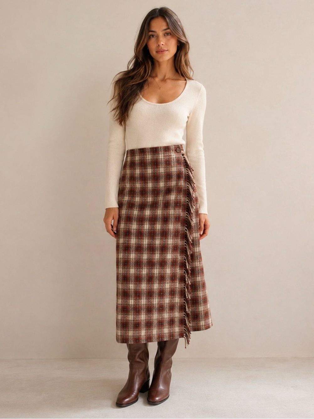 Daniel Hechter Plaid Fringe Wrap Midi Skirt, Brown/Beige, Wool Blend, Size 6 (S)